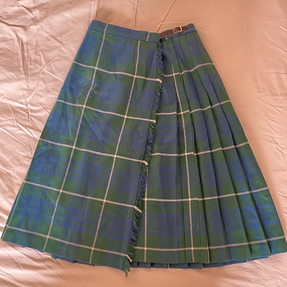 Vintage Laird-Portch of Scotland Green & Blue Plaid Wool Pleated Skirt